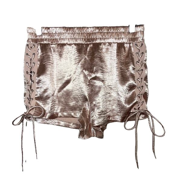 Forever 21 Boxer Shorts Satin Lace Up Elastic Waistband Metallic Pink Small - Picture 1 of 4